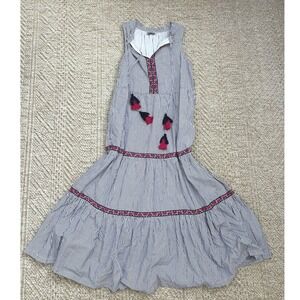 Tommy Bahama Striped Tiered Maxi Dress Blue White Embroidered Tassel Boho Medium